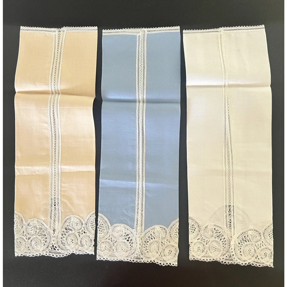 SET of 3 Vintage Embroidered Tea Guest Towel Fine Crocheted Lace NEW